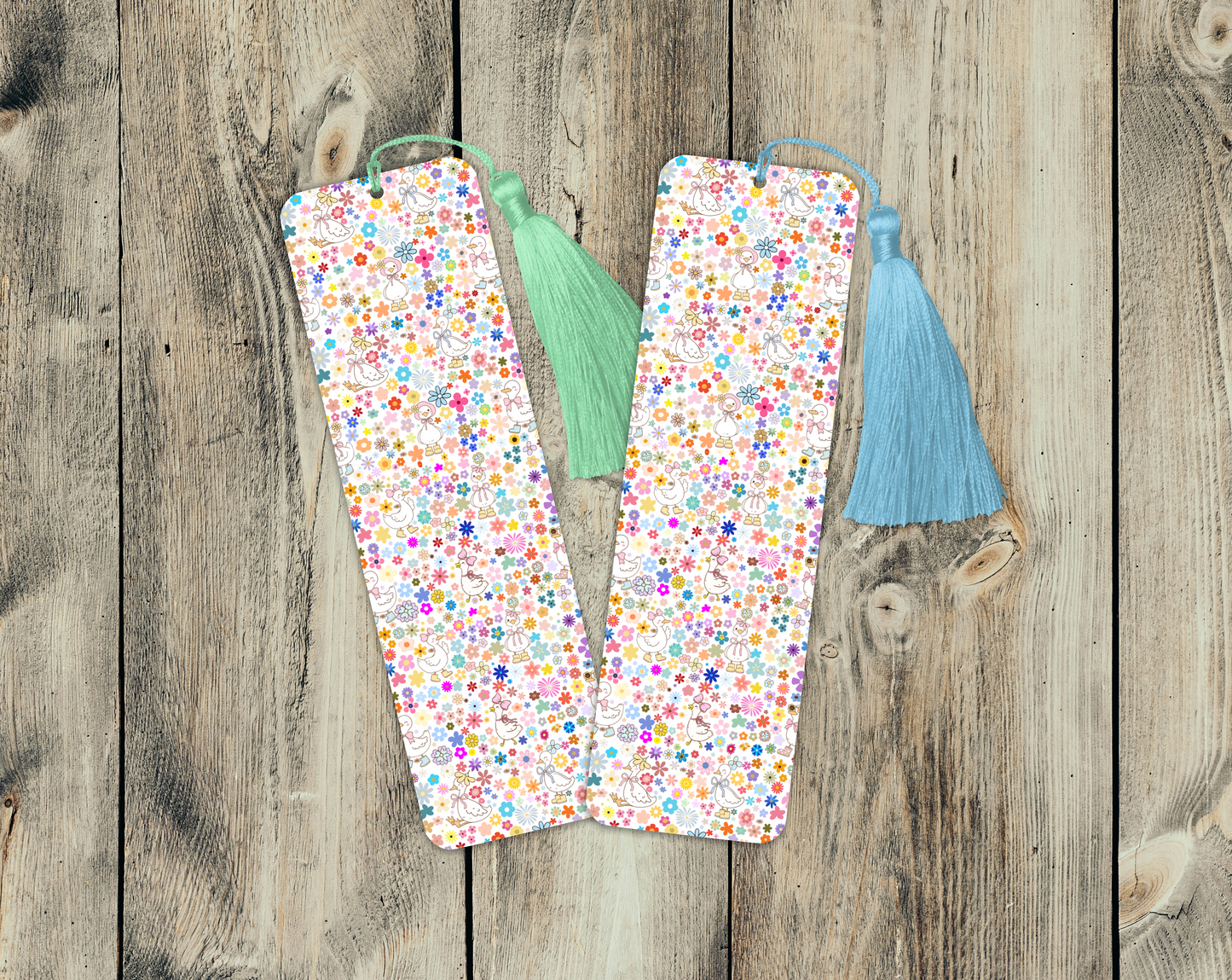 Cute Goose Bookmark – Pastel Spring Floral Aesthetic – Kawaii Goose Reading Gift – Square or Rounded Corners – With or Without Tassel