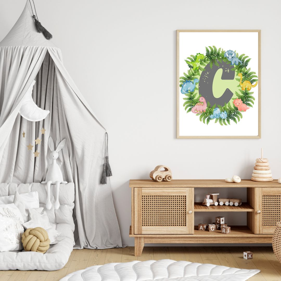 Dinosaur A-Z Alphabet Monogram Wall Art Print – Personalized Prehistoric Nursery Décor, Kids Room Printable, Educational Dinosaur Name Initial Poster