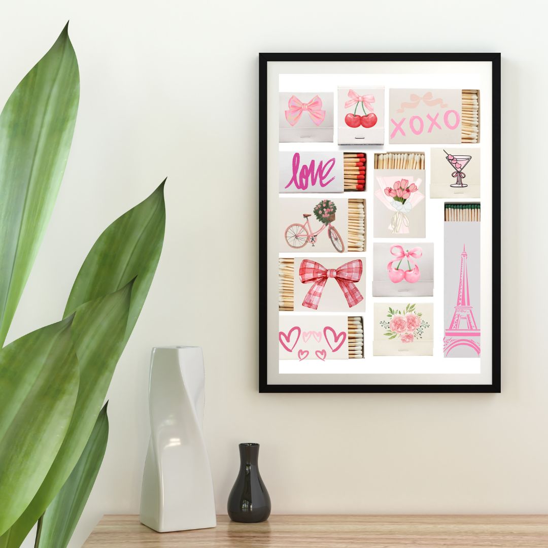 Girly Matchbox Wall Art - Pink Aesthetic Décor - Cherry, Bow, Eiffel Tower, Love Print
