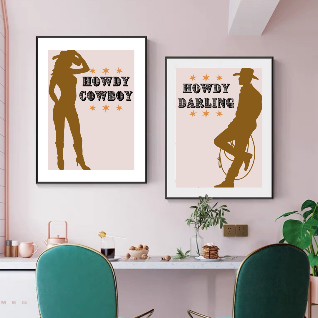 Howdy Darling & Howdy Cowboy Western Wall Art Prints – Country Couple Décor, Rustic Farmhouse for Bedroom, Lounge or Dorm Room