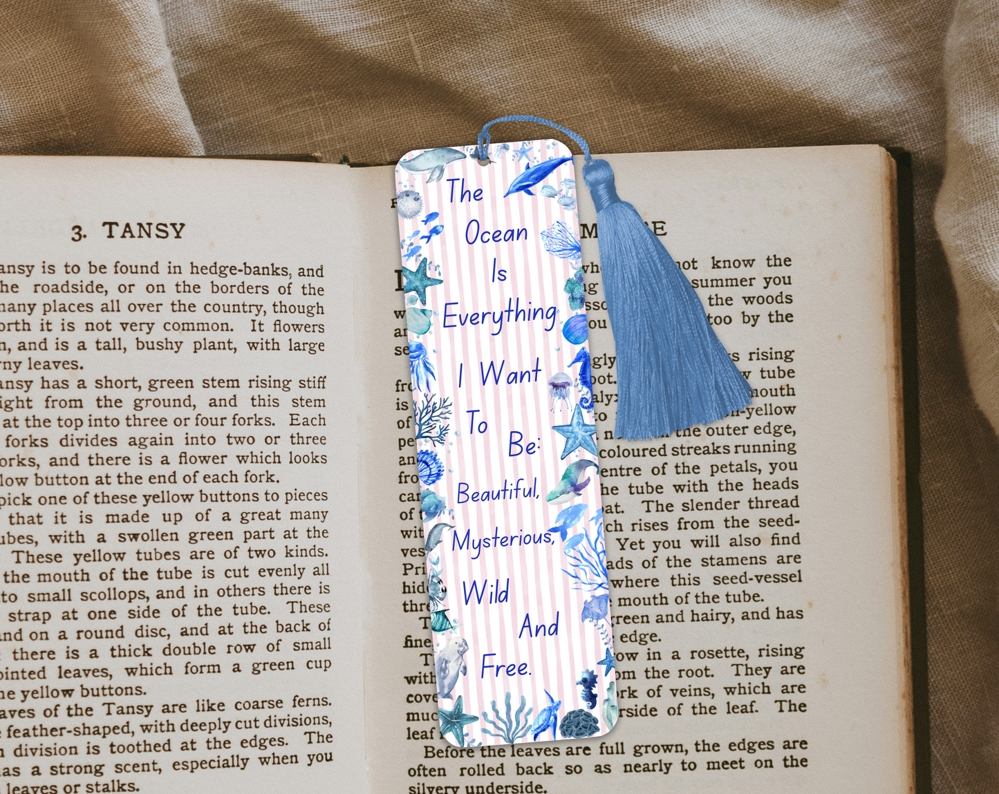 Ocean Quote Bookmark – “The Ocean Is Everything” – Marine Life Design – With Tassel Option – Charity Donation Included