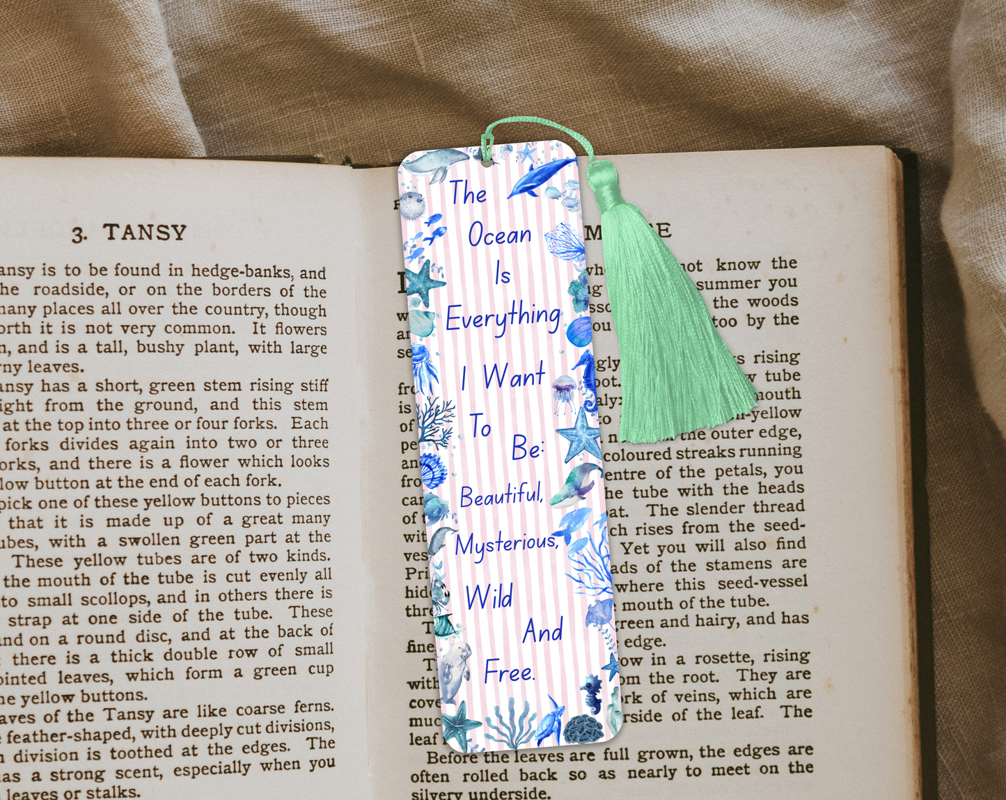 Ocean Quote Bookmark – “The Ocean Is Everything” – Marine Life Design – With Tassel Option – Charity Donation Included