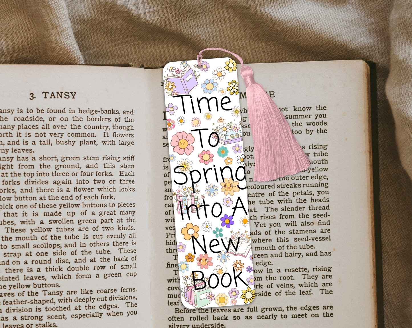 Spring Flower Bookmark ā "Time to Spring Into a New Book" ā Cute Floral Bookish Gift ā Rounded or Square Corners, With or Without Tassel