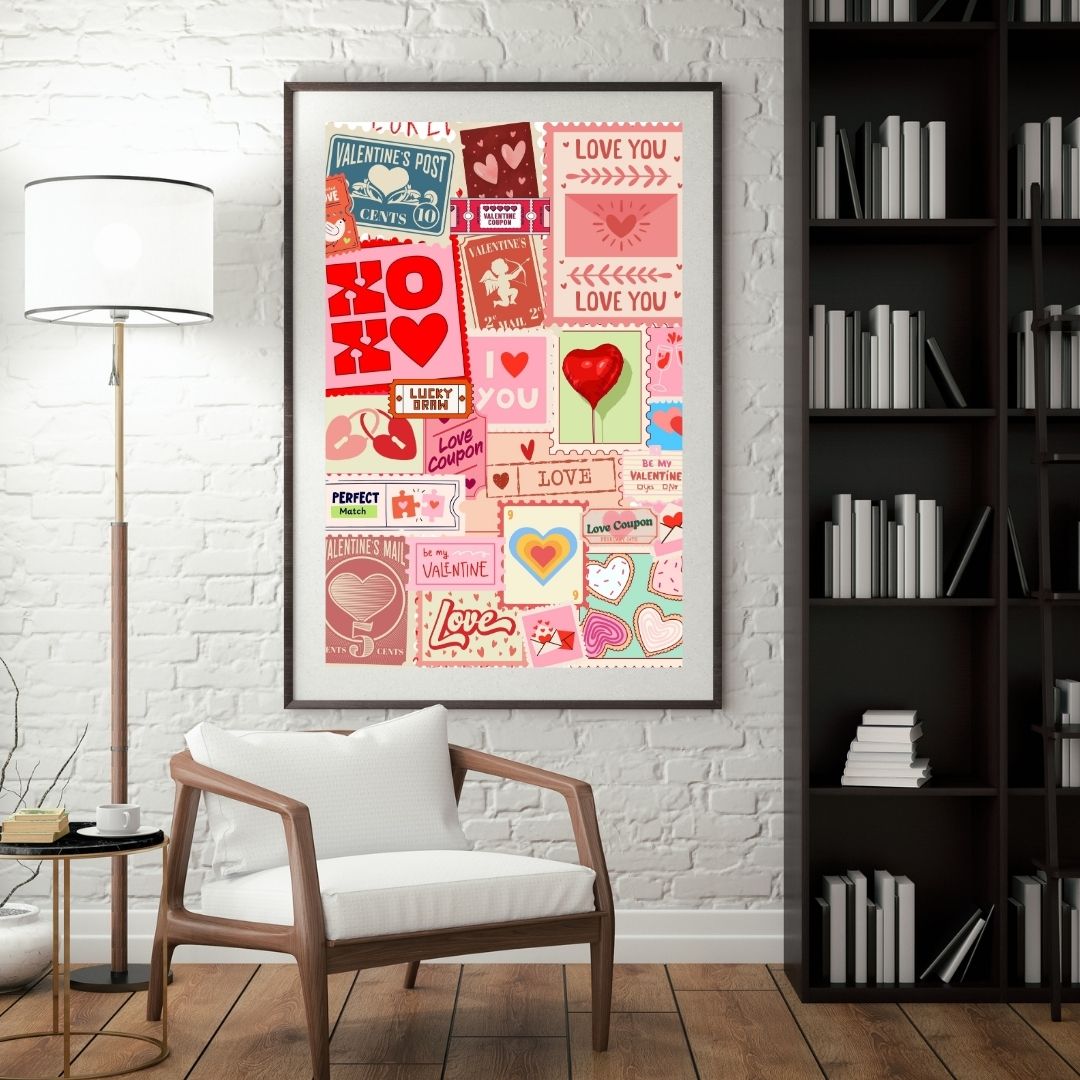 Valentine’s Love Stamp Wall Art - Retro Romantic Coupon & Heart Print - Pink Collage Dorm Décor