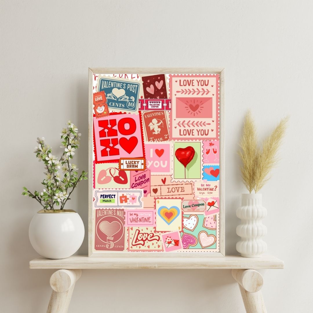 Valentine’s Love Stamp Wall Art - Retro Romantic Coupon & Heart Print - Pink Collage Dorm Décor