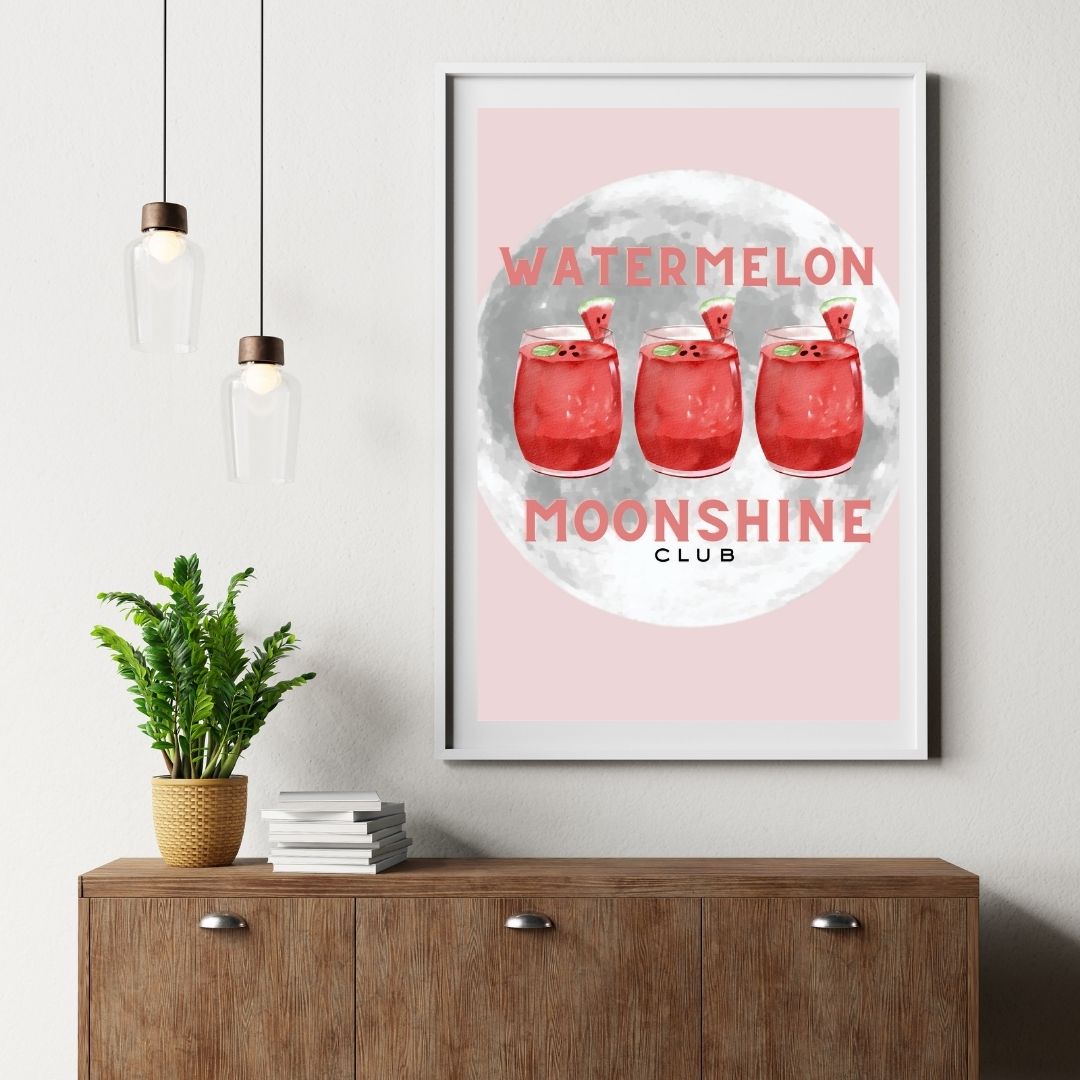 Watermelon Moonshine Club Print – Pink Country Girl Wall Art with Cocktails & Full Moon Aesthetic – Southern Western Décor (A4 & A5 Sizes)