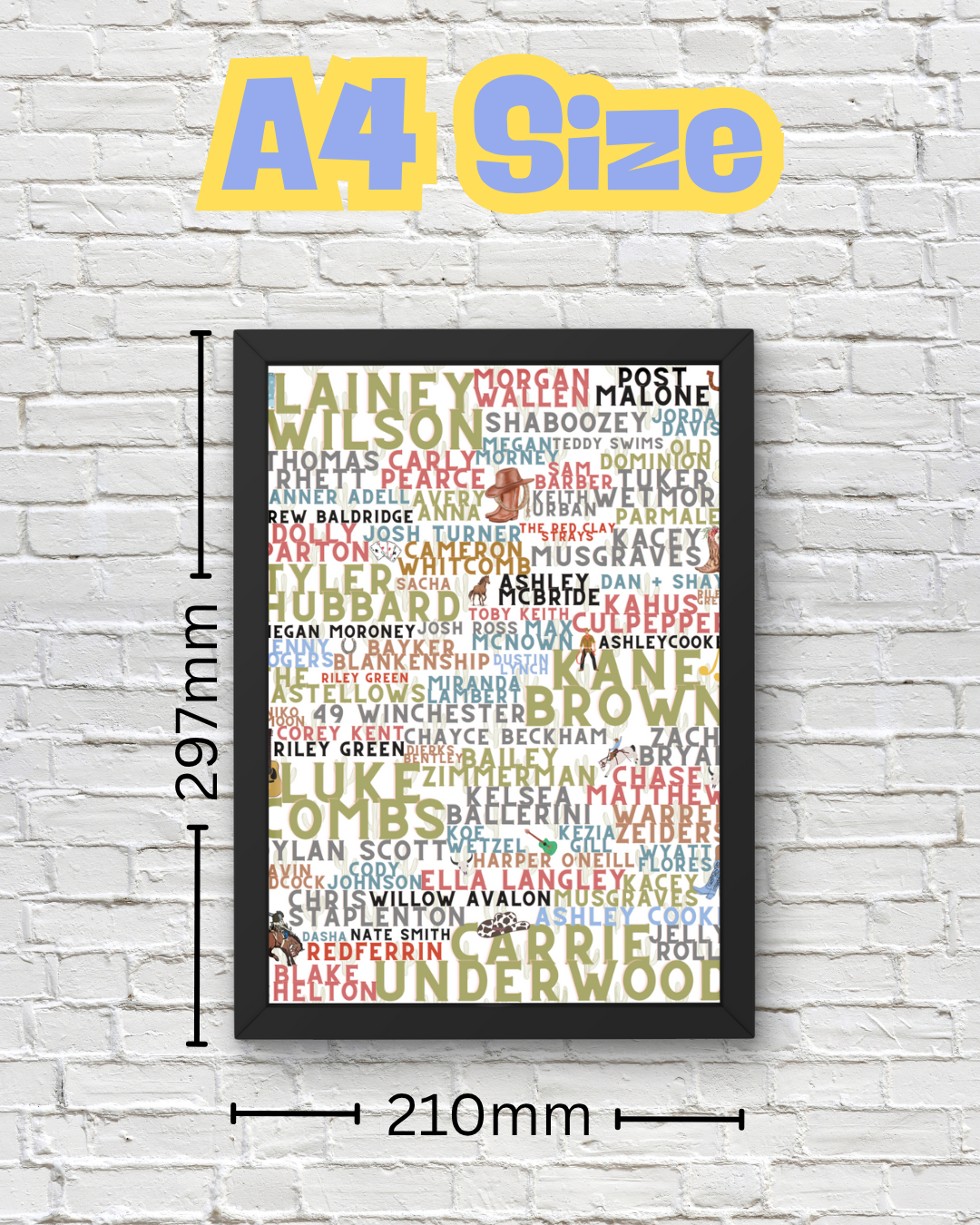 Country Music Artist Word Art Print – Lainey Wilson, Morgan Wallen, Carrie Underwood, Luke Combs & More –  Country Concert Décor (A4 & A5)