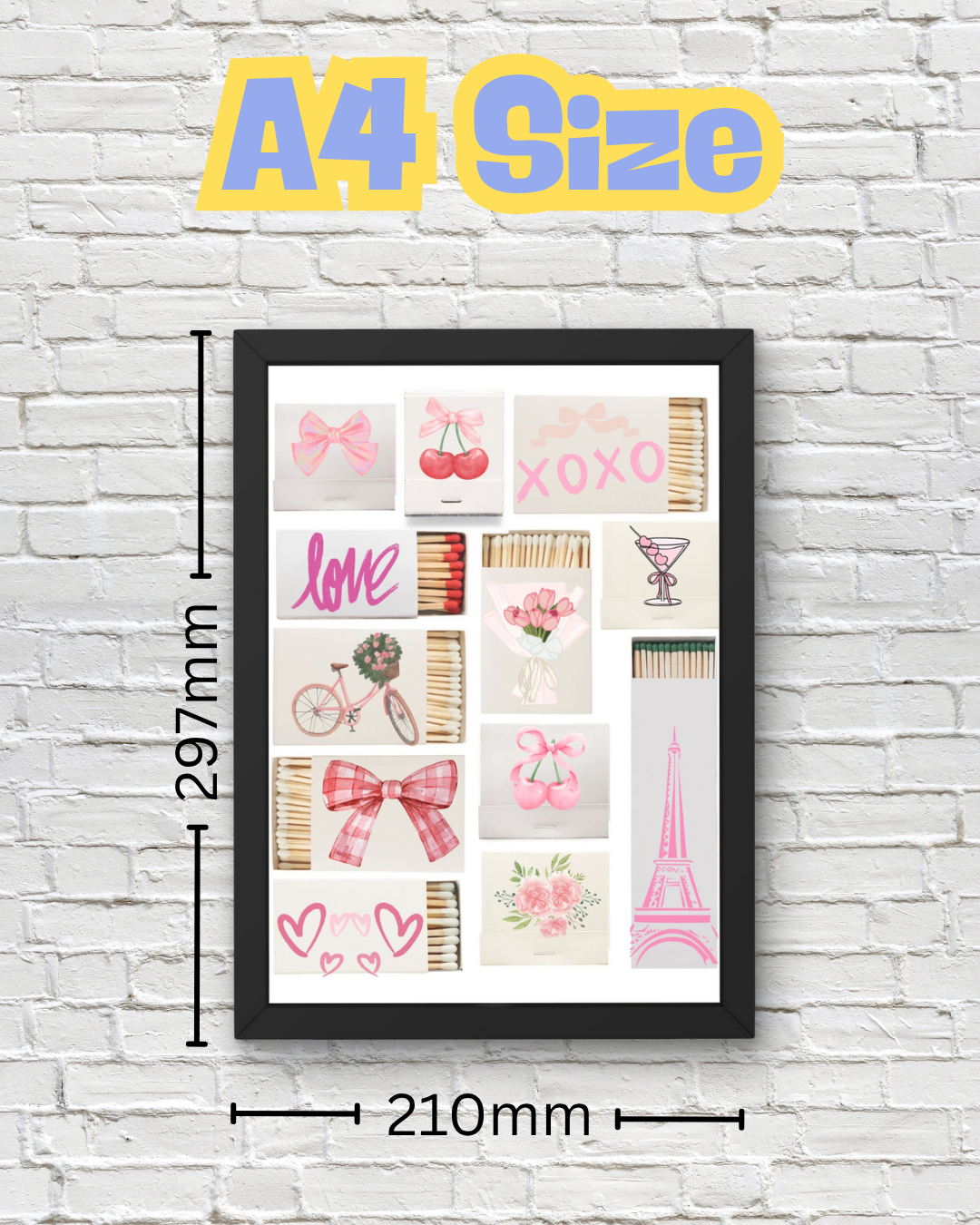 Girly Matchbox Wall Art - Pink Aesthetic Décor - Cherry, Bow, Eiffel Tower, Love Print