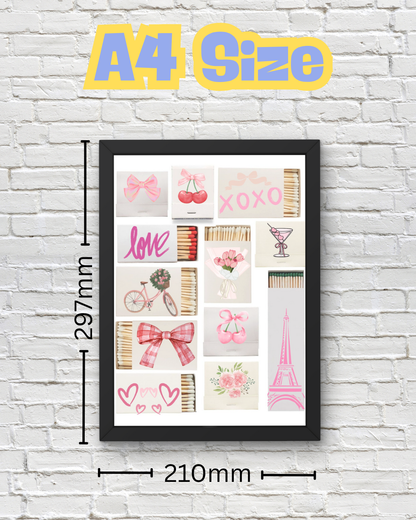 Girly Matchbox Wall Art - Pink Aesthetic Décor - Cherry, Bow, Eiffel Tower, Love Print