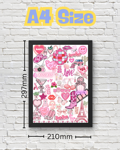 Y2K Pink Aesthetic Collage Wall Art Print – Cute A4/A5 Poster for Dorm Room Décor, Trendy Coquette & Retro Girlcore Vibes