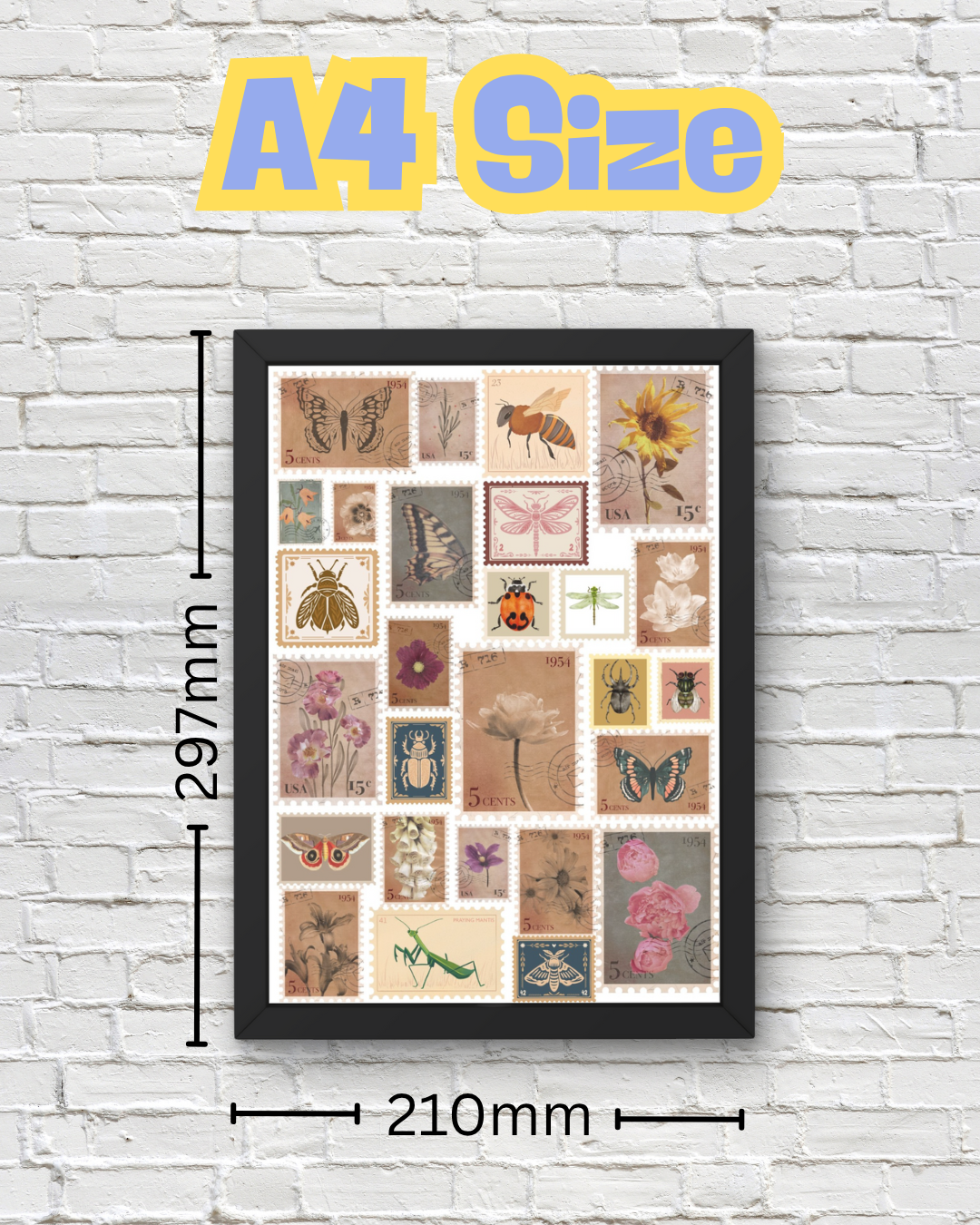 Vintage Nature Stamp Art Print – Botanical & Insect Collage with Butterflies, Bees, Flowers & Bugs – Retro Aesthetic Wall Décor (A4 & A5 Sizes)