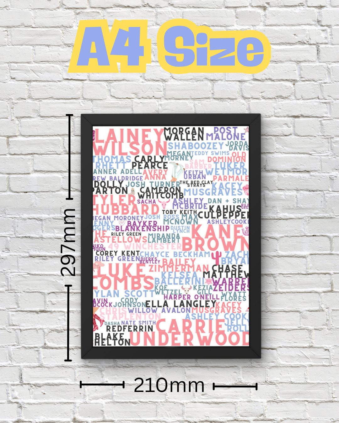 Pink Country Music Artist Word Art Print – Lainey Wilson, Morgan Wallen, Carrie Underwood, Luke Combs & More –  Country Concert Décor (A4 & A5)