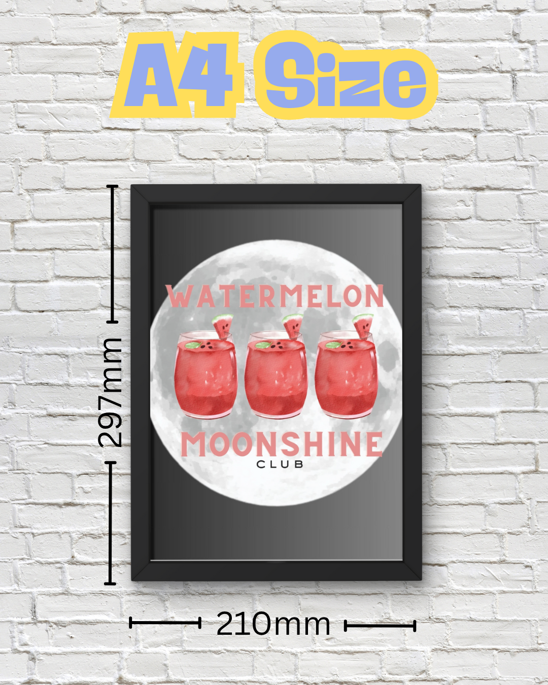Watermelon Moonshine Club Wall Art – Country Girl Print with Cocktails & Full Moon – Black Background Southern Aesthetic Décor (A4 & A5 Sizes)