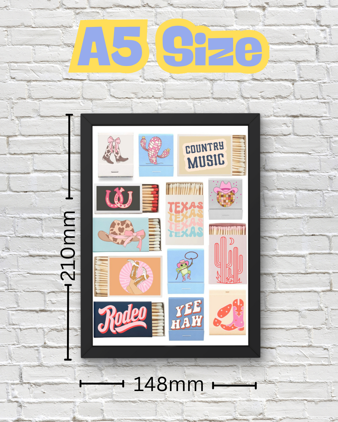 Girly Country Matchbox Wall Art Print – Western Y2K Cowgirl Décor with Boots, Cactus, Disco Ball & Rodeo Vibes (A4 & A5 Sizes)