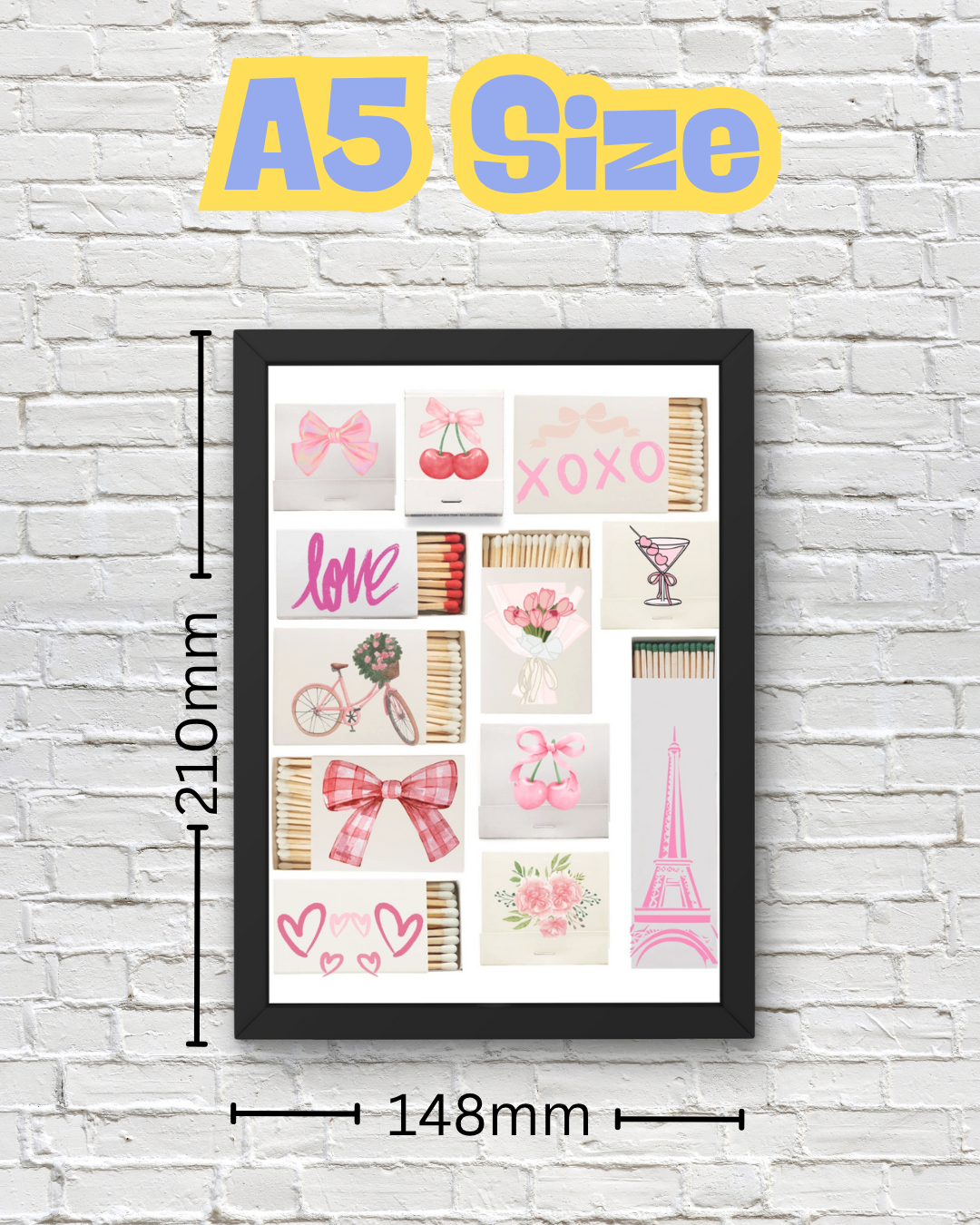 Girly Matchbox Wall Art - Pink Aesthetic Décor - Cherry, Bow, Eiffel Tower, Love Print