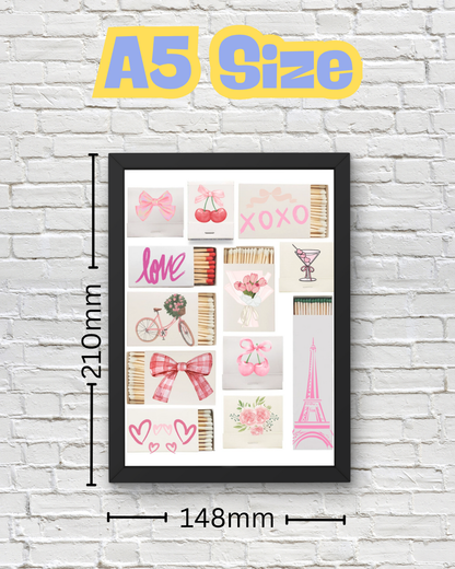 Girly Matchbox Wall Art - Pink Aesthetic Décor - Cherry, Bow, Eiffel Tower, Love Print