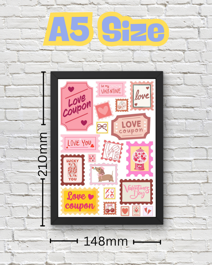 Valentine’s Day Wall Art Print - Retro Love Coupon & Stamp Collage - Romantic Décor