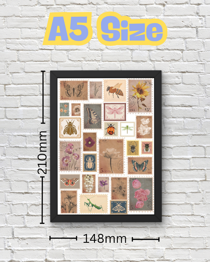 Vintage Nature Stamp Art Print – Botanical & Insect Collage with Butterflies, Bees, Flowers & Bugs – Retro Aesthetic Wall Décor (A4 & A5 Sizes)