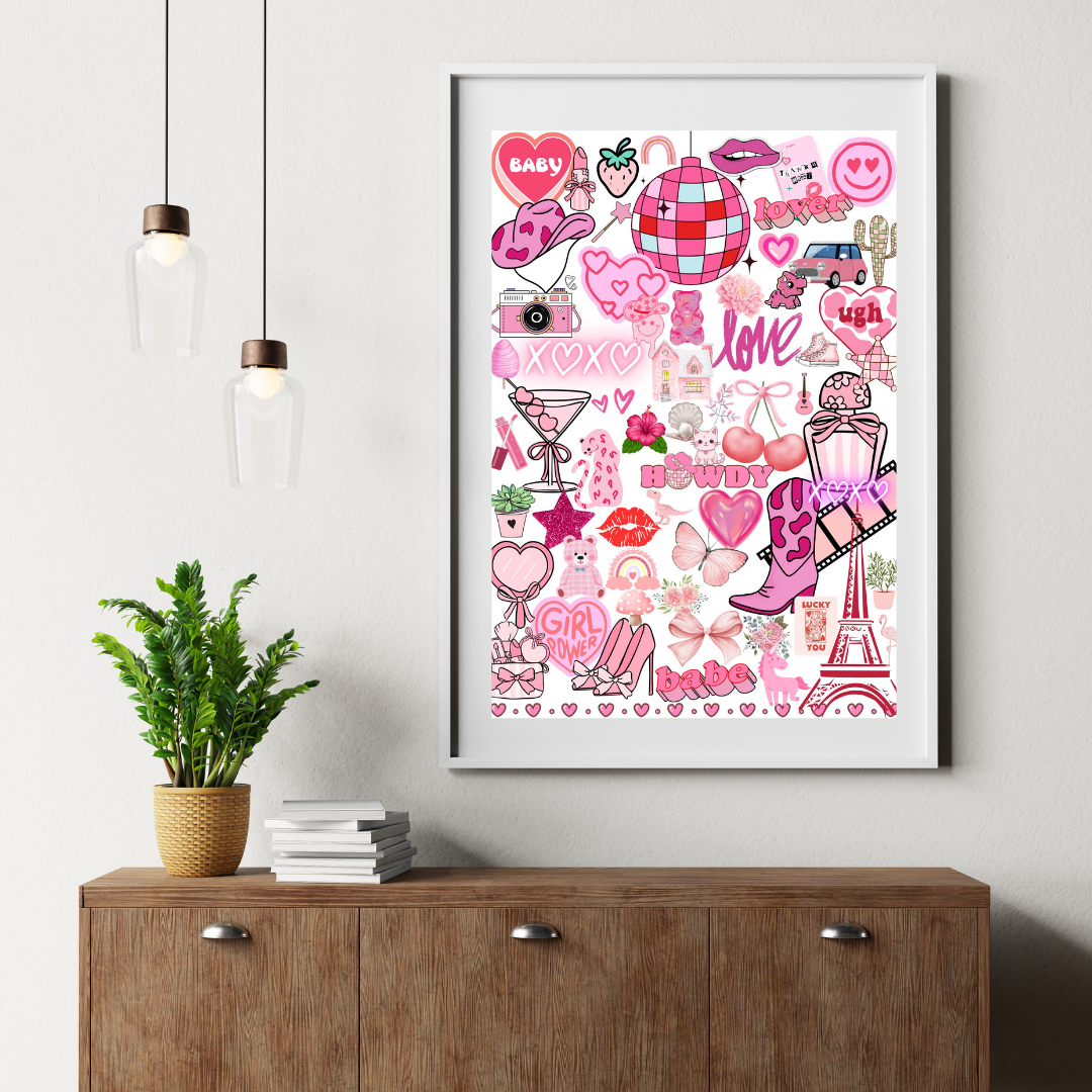 Y2K Pink Aesthetic Collage Wall Art Print – Cute A4/A5 Poster for Dorm Room Décor, Trendy Coquette & Retro Girlcore Vibes