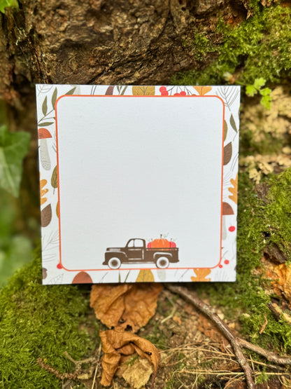 Farmers Market Fall Memo Pad | 50 Page Notepad with Pumpkin Truck & Autumn Leaves | Cute Stationery for Halloween, Thanksgiving & Fall Notes