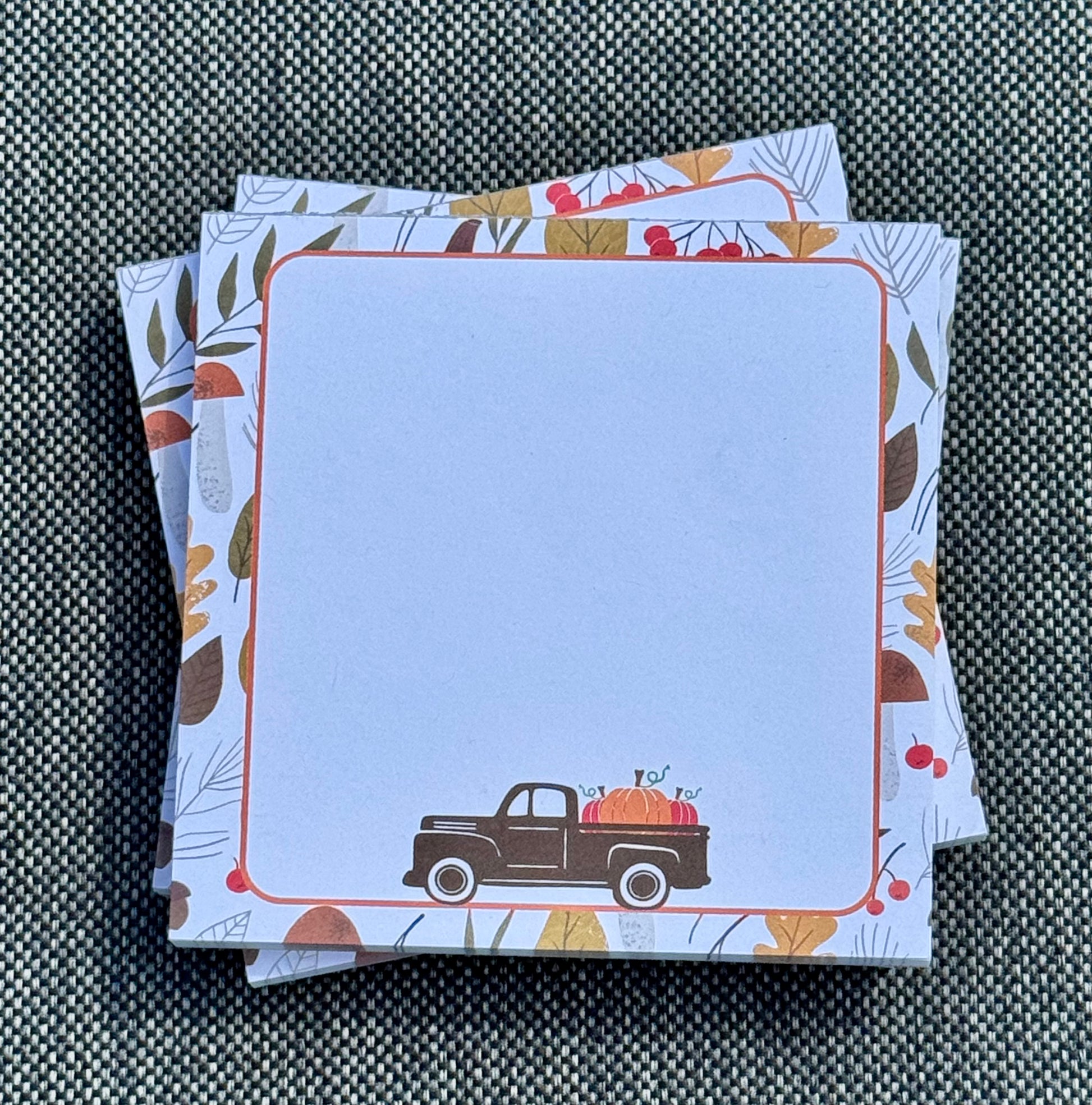 Farmers Market Fall Memo Pad | 50 Page Notepad with Pumpkin Truck & Autumn Leaves | Cute Stationery for Halloween, Thanksgiving & Fall Notes