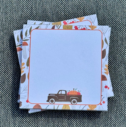 Farmers Market Fall Memo Pad | 50 Page Notepad with Pumpkin Truck & Autumn Leaves | Cute Stationery for Halloween, Thanksgiving & Fall Notes