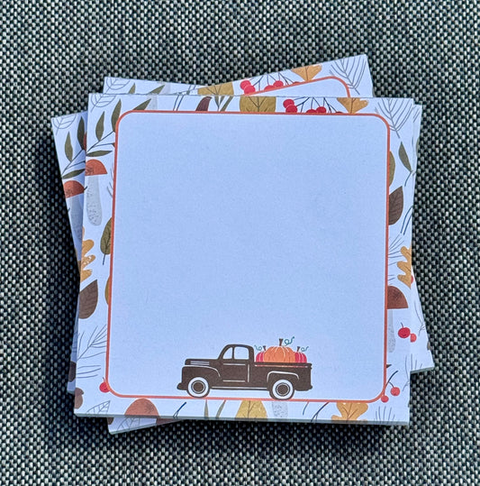 Farmers Market Fall Memo Pad | 50 Page Notepad with Pumpkin Truck & Autumn Leaves | Cute Stationery for Halloween, Thanksgiving & Fall Notes