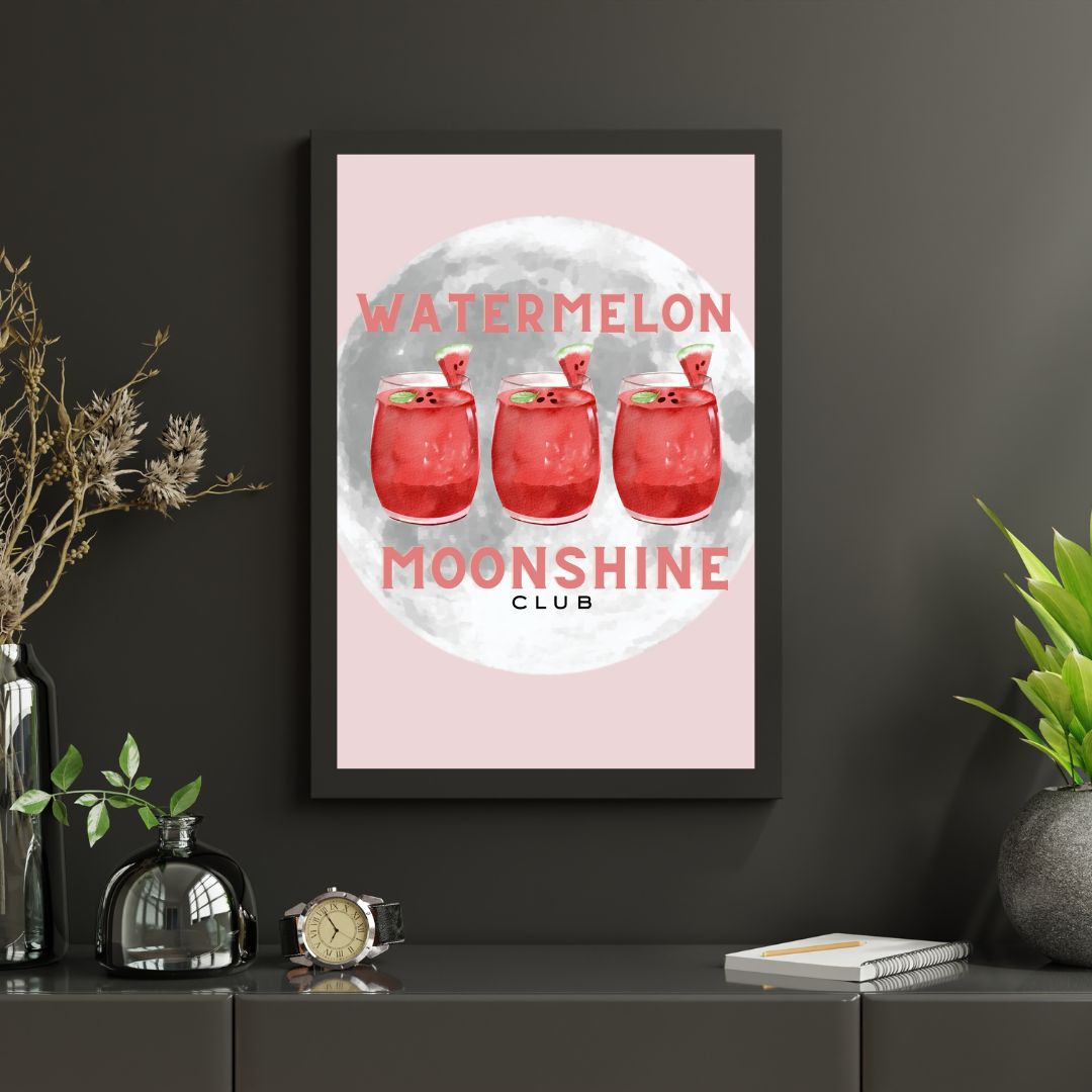 Watermelon Moonshine Club Print – Pink Country Girl Wall Art with Cocktails & Full Moon Aesthetic – Southern Western Décor (A4 & A5 Sizes)