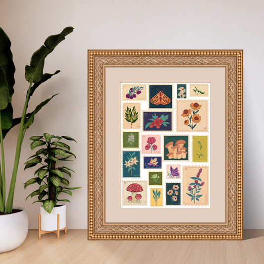 Botanical Postage Stamp Wall Art Print – Country Core Nature Décor with Mushrooms, Flowers, Insects & Herbs (A4 & A5 Sizes)