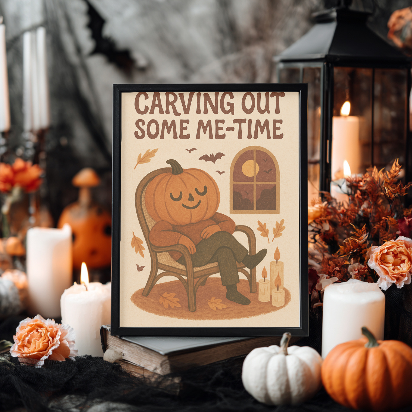Carving Out Some Me-Time Halloween Wall Décor- Cute Halloween Print- Cute But Creepy Spooky Gift - Neutral Spooky Fall Poster- Pumpkin Décor