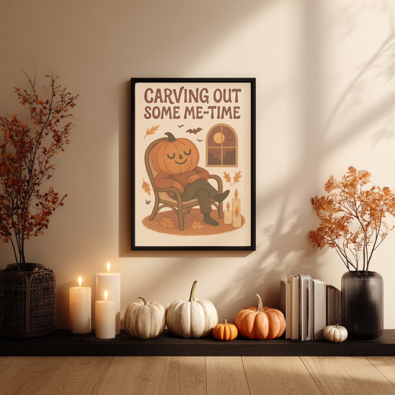 Carving Out Some Me-Time Halloween Wall Décor- Cute Halloween Print- Cute But Creepy Spooky Gift - Neutral Spooky Fall Poster- Pumpkin Décor
