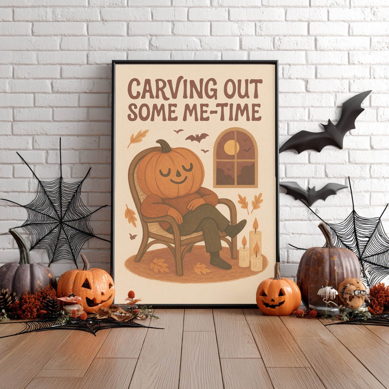 Carving Out Some Me-Time Halloween Wall Décor- Cute Halloween Print- Cute But Creepy Spooky Gift - Neutral Spooky Fall Poster- Pumpkin Décor