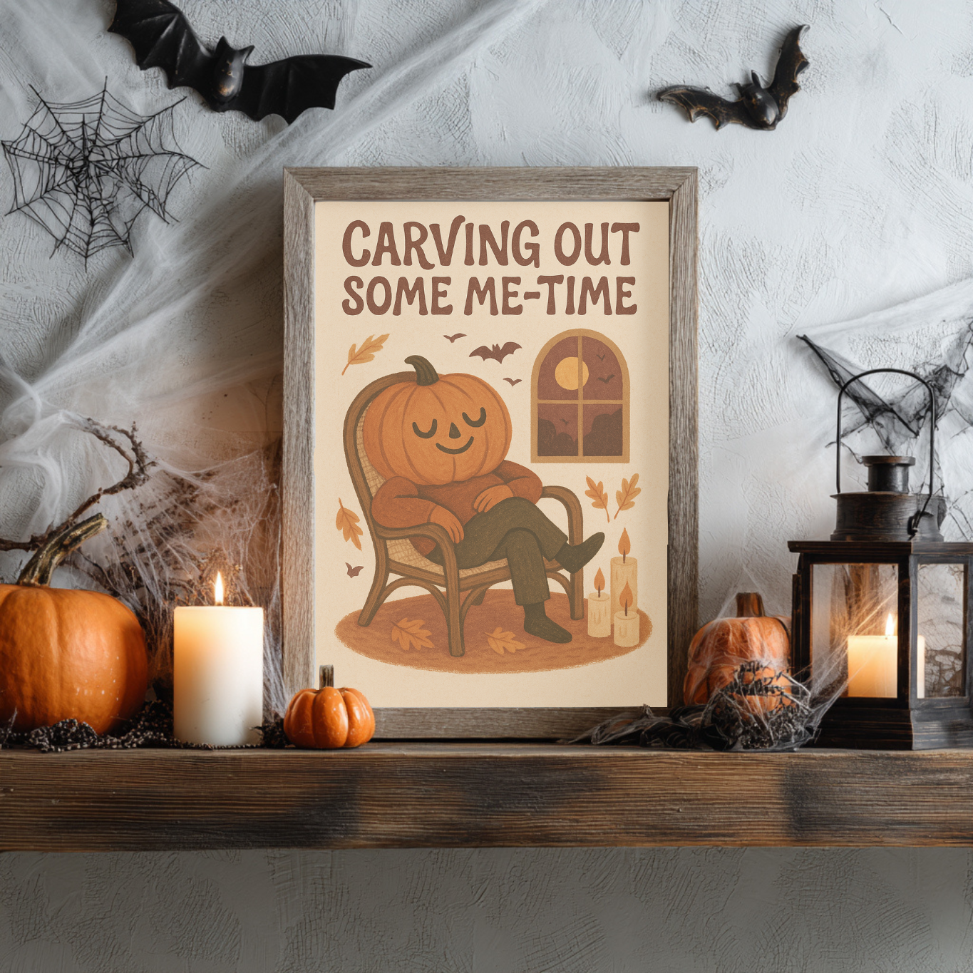 Carving Out Some Me-Time Halloween Wall Décor- Cute Halloween Print- Cute But Creepy Spooky Gift - Neutral Spooky Fall Poster- Pumpkin Décor