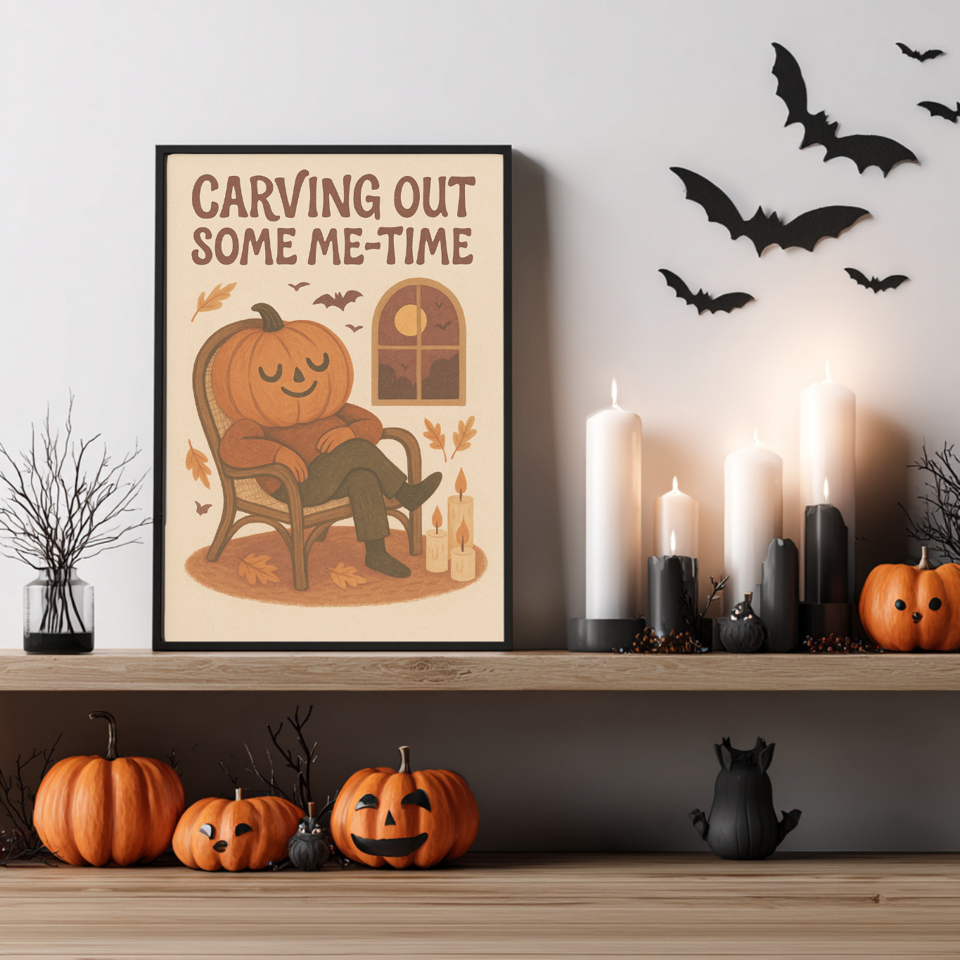 Carving Out Some Me-Time Halloween Wall Décor- Cute Halloween Print- Cute But Creepy Spooky Gift - Neutral Spooky Fall Poster- Pumpkin Décor