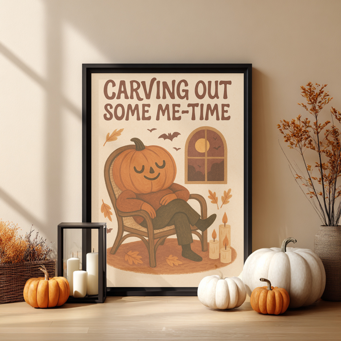 Carving Out Some Me-Time Halloween Wall Décor- Cute Halloween Print- Cute But Creepy Spooky Gift - Neutral Spooky Fall Poster- Pumpkin Décor