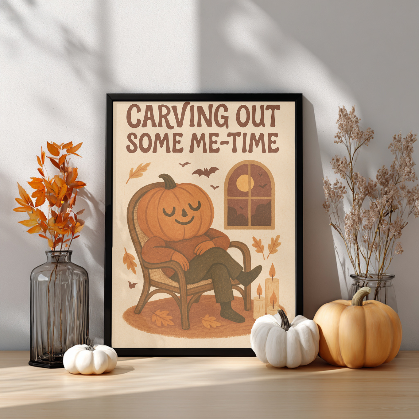 Carving Out Some Me-Time Halloween Wall Décor- Cute Halloween Print- Cute But Creepy Spooky Gift - Neutral Spooky Fall Poster- Pumpkin Décor