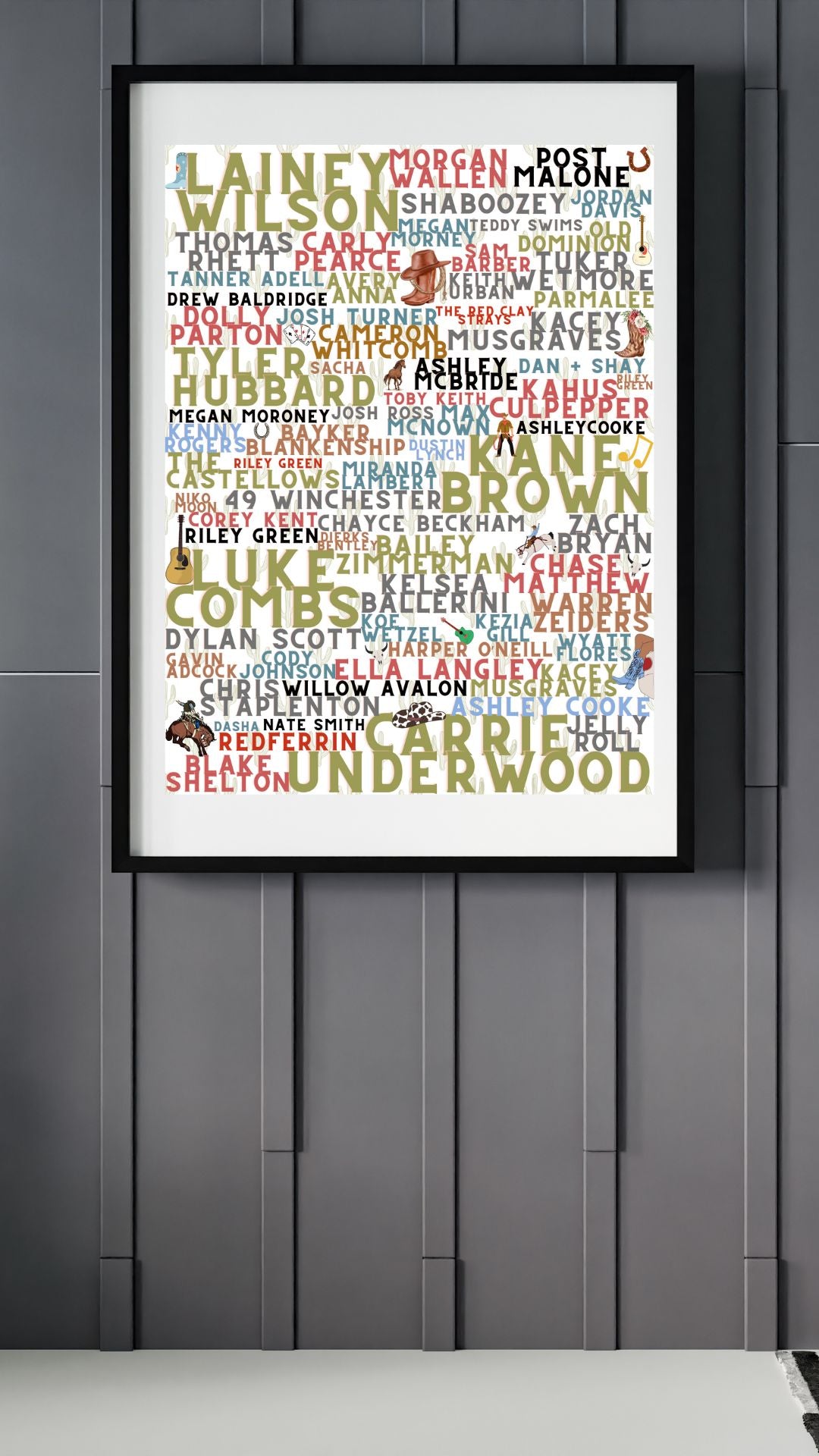 Country Music Artist Word Art Print – Lainey Wilson, Morgan Wallen, Carrie Underwood, Luke Combs & More –  Country Concert Décor (A4 & A5)