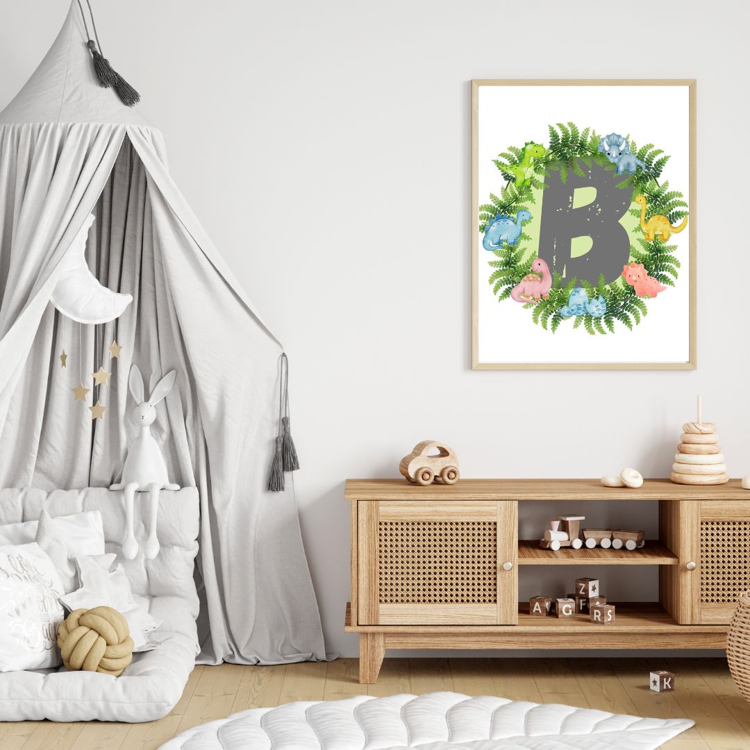 Dinosaur A-Z Alphabet Monogram Wall Art Print – Personalized Prehistoric Nursery Décor, Kids Room Printable, Educational Dinosaur Name Initial Poster