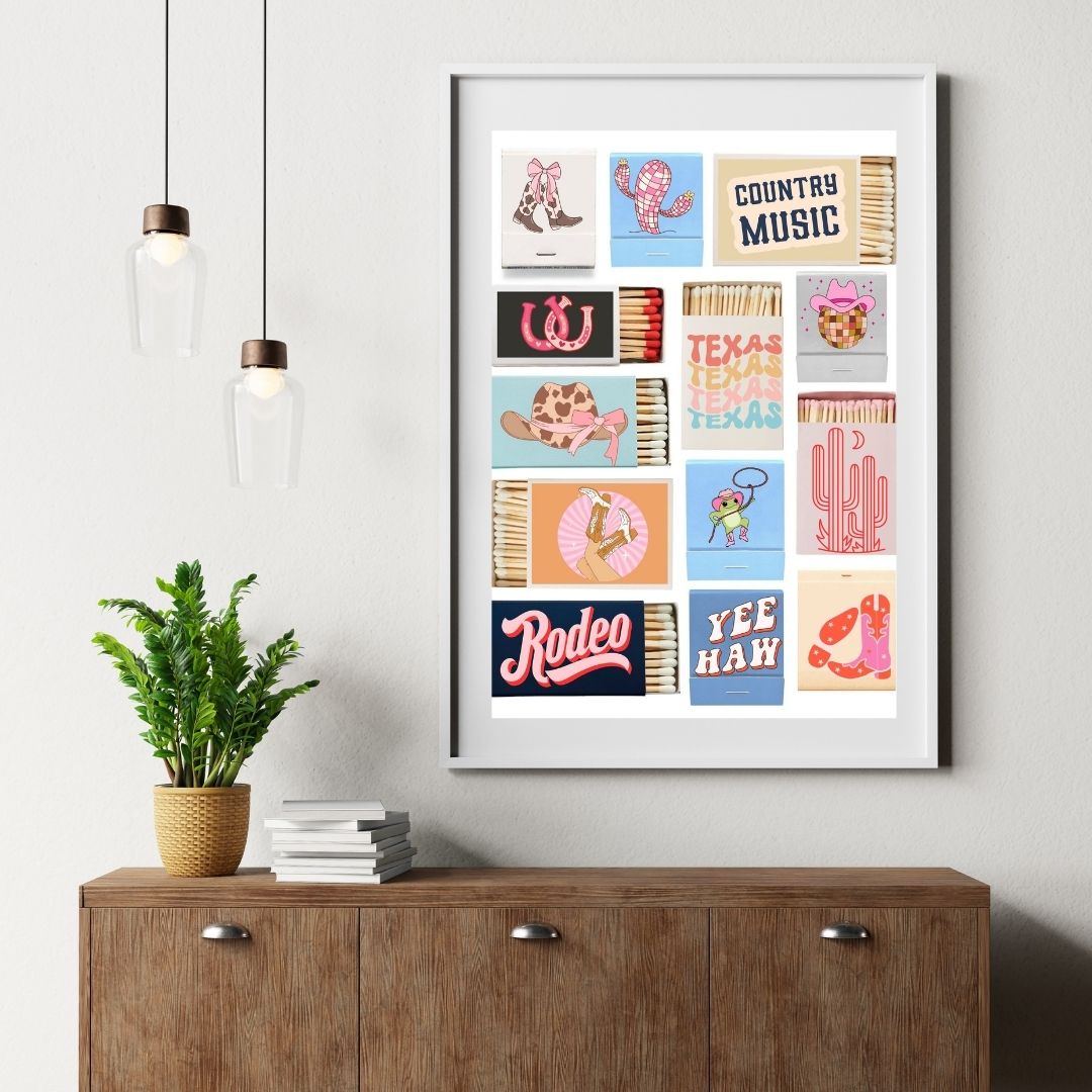 Girly Country Matchbox Wall Art Print – Western Y2K Cowgirl Décor with Boots, Cactus, Disco Ball & Rodeo Vibes (A4 & A5 Sizes)