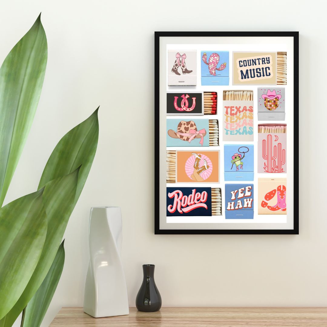 Girly Country Matchbox Wall Art Print – Western Y2K Cowgirl Décor with Boots, Cactus, Disco Ball & Rodeo Vibes (A4 & A5 Sizes)