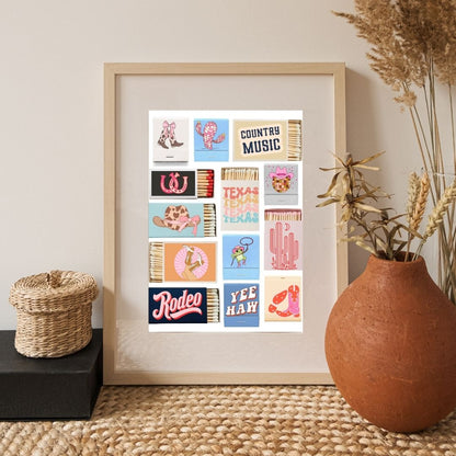 Girly Country Matchbox Wall Art Print – Western Y2K Cowgirl Décor with Boots, Cactus, Disco Ball & Rodeo Vibes (A4 & A5 Sizes)
