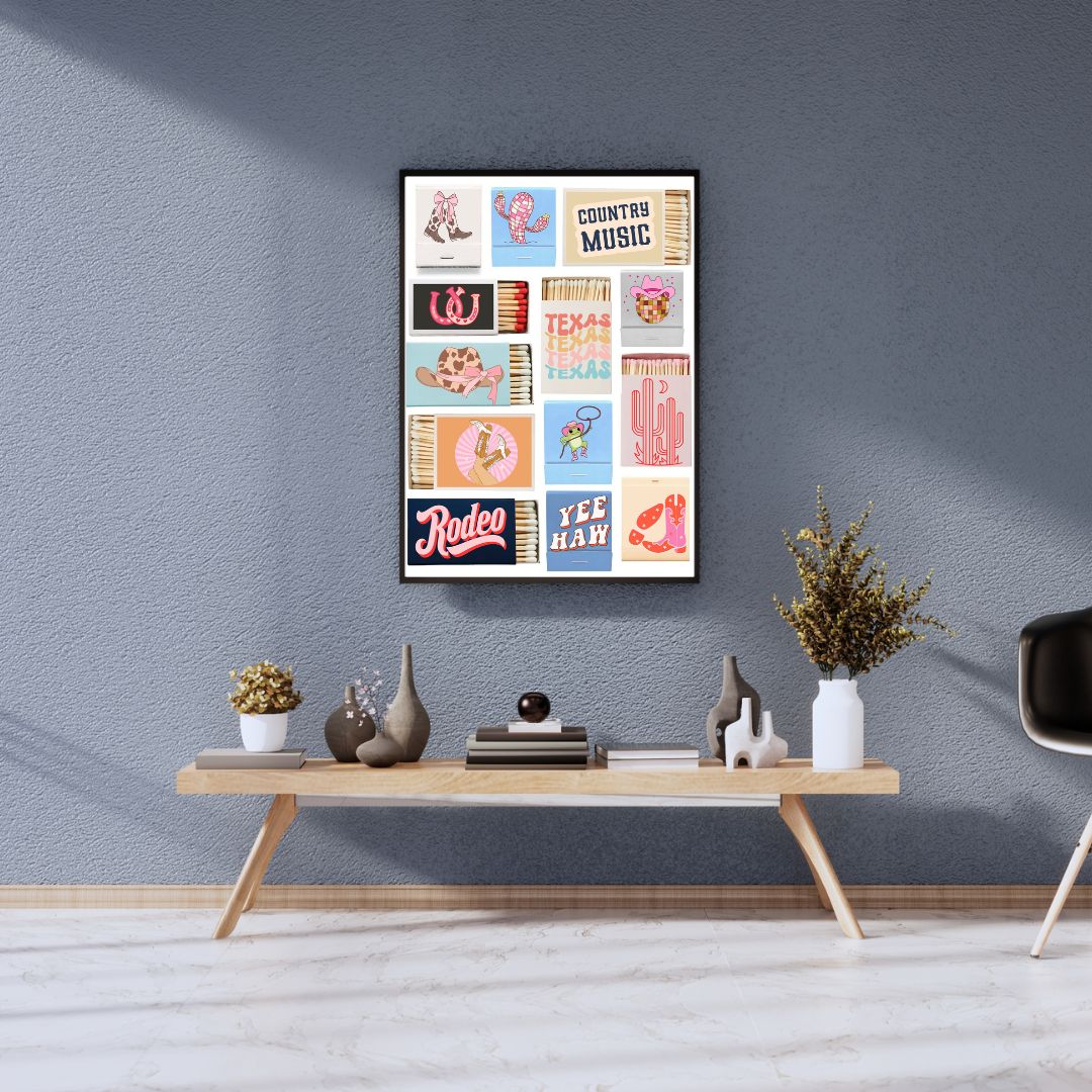 Girly Country Matchbox Wall Art Print – Western Y2K Cowgirl Décor with Boots, Cactus, Disco Ball & Rodeo Vibes (A4 & A5 Sizes)