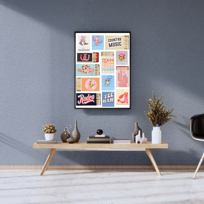 Girly Country Matchbox Wall Art Print – Western Y2K Cowgirl Décor with Boots, Cactus, Disco Ball & Rodeo Vibes (A4 & A5 Sizes)