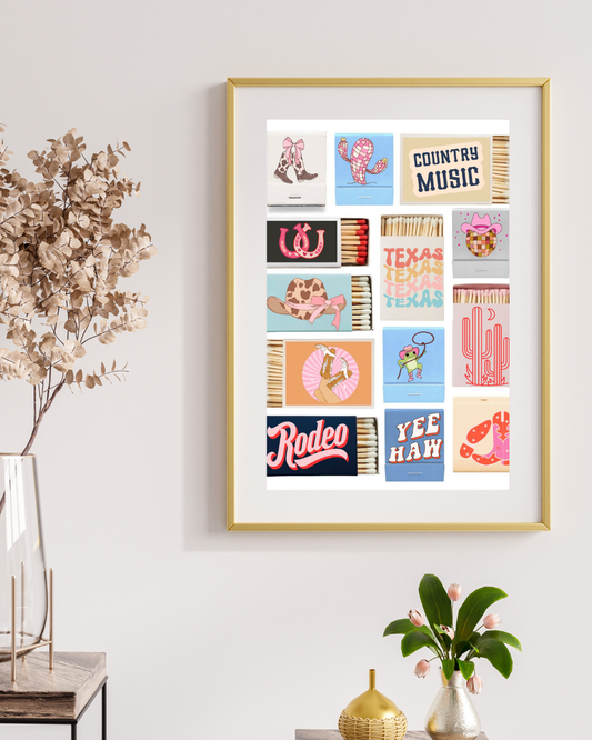 Girly Country Matchbox Wall Art Print – Western Y2K Cowgirl Décor with Boots, Cactus, Disco Ball & Rodeo Vibes (A4 & A5 Sizes)