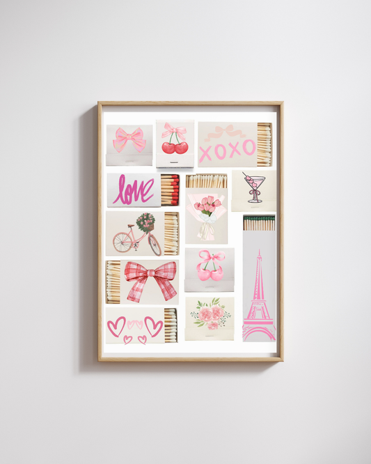 Girly Matchbox Wall Art - Pink Aesthetic Décor - Cherry, Bow, Eiffel Tower, Love Print