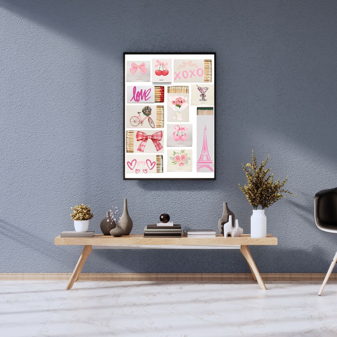 Girly Matchbox Wall Art - Pink Aesthetic Décor - Cherry, Bow, Eiffel Tower, Love Print