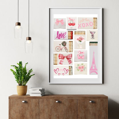 Girly Matchbox Wall Art - Pink Aesthetic Décor - Cherry, Bow, Eiffel Tower, Love Print