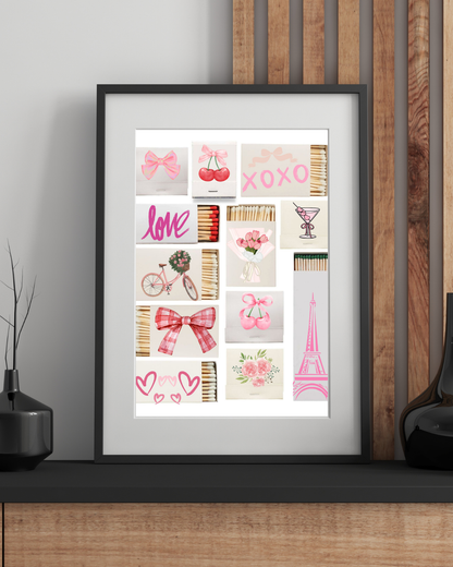 Girly Matchbox Wall Art - Pink Aesthetic Décor - Cherry, Bow, Eiffel Tower, Love Print