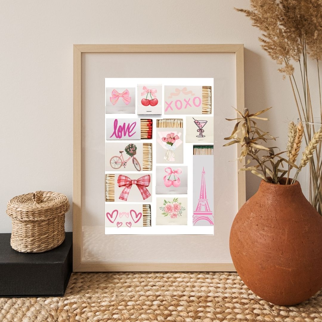Girly Matchbox Wall Art - Pink Aesthetic Décor - Cherry, Bow, Eiffel Tower, Love Print