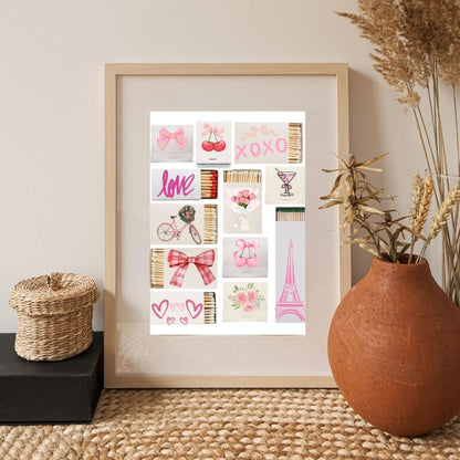 Girly Matchbox Wall Art - Pink Aesthetic Décor - Cherry, Bow, Eiffel Tower, Love Print